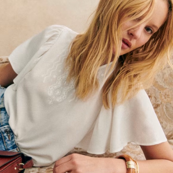 Sezane Juna Silk Blouse in ecru embroidered flutter sleeve silk Top Women’s Sz 8 - Picture 3 of 13